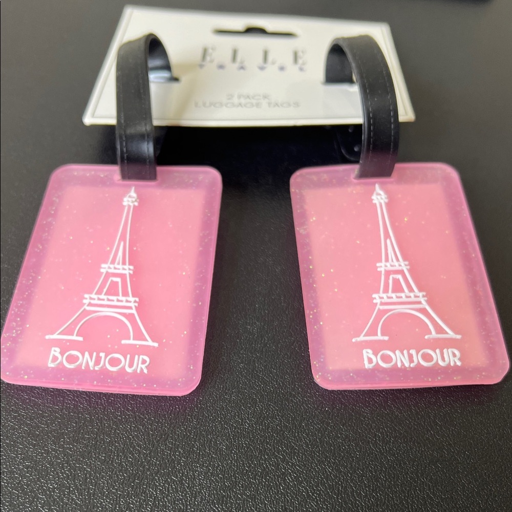 Elle | Glitter Pink Bonjour Luggage Tags - Picture 6 of 8